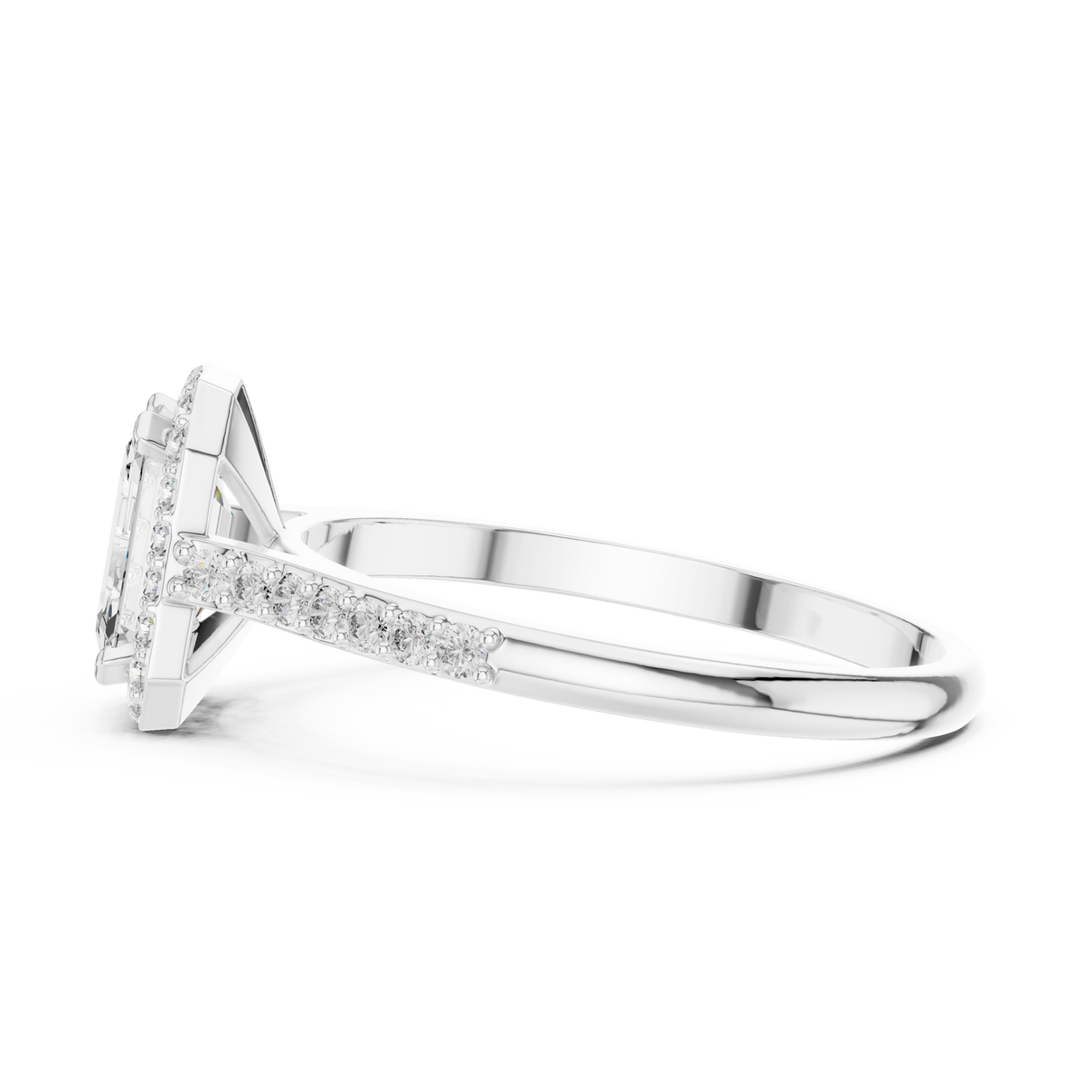 emerald cut side halo engagement ring
