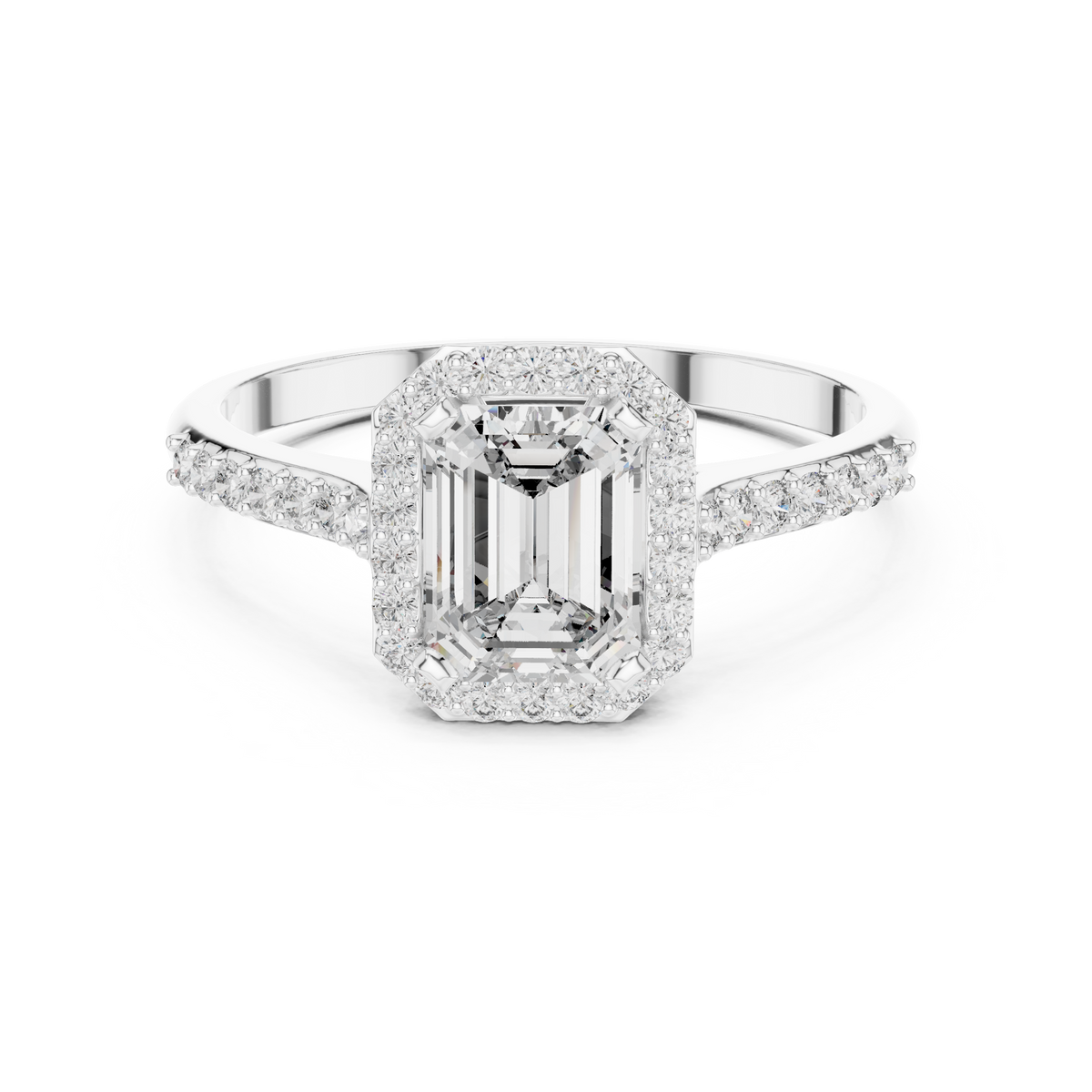 emerald cut side halo engagement ring