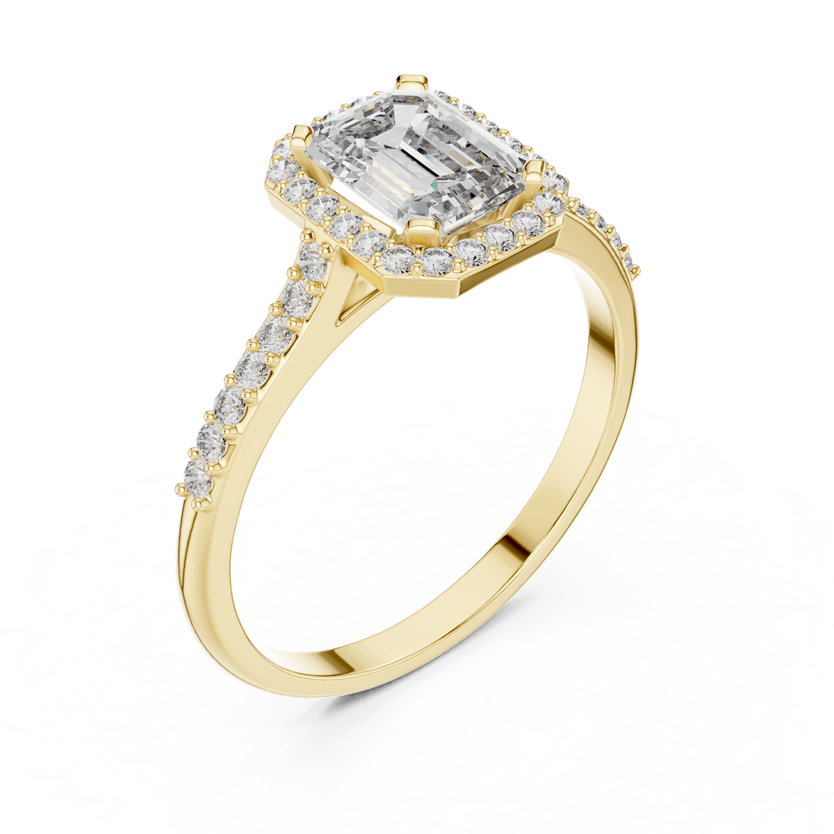 emerald cut side halo engagement ring