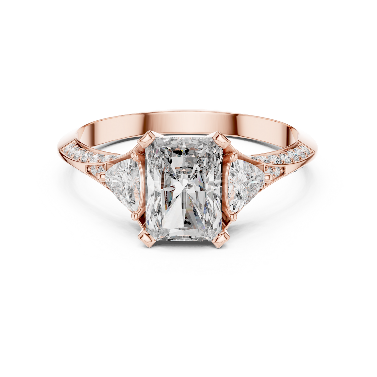 cushion cut engagement ring with trillion side stone