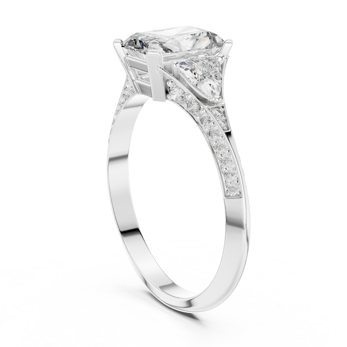 cushion cut engagement ring with trillion side stone