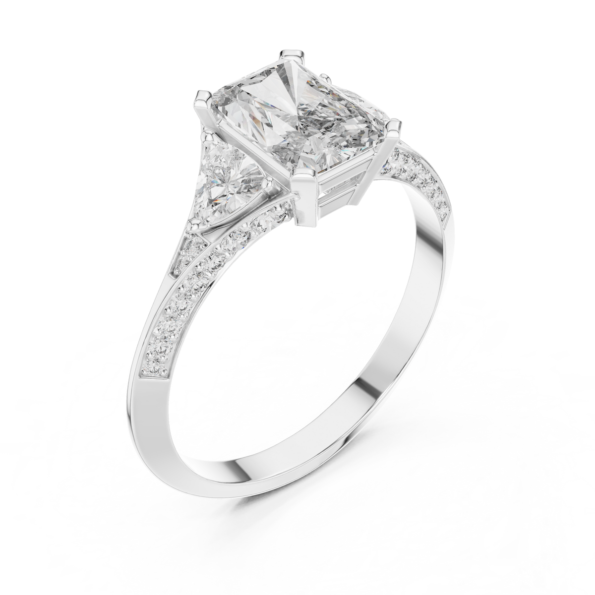 cushion cut engagement ring with trillion side stone