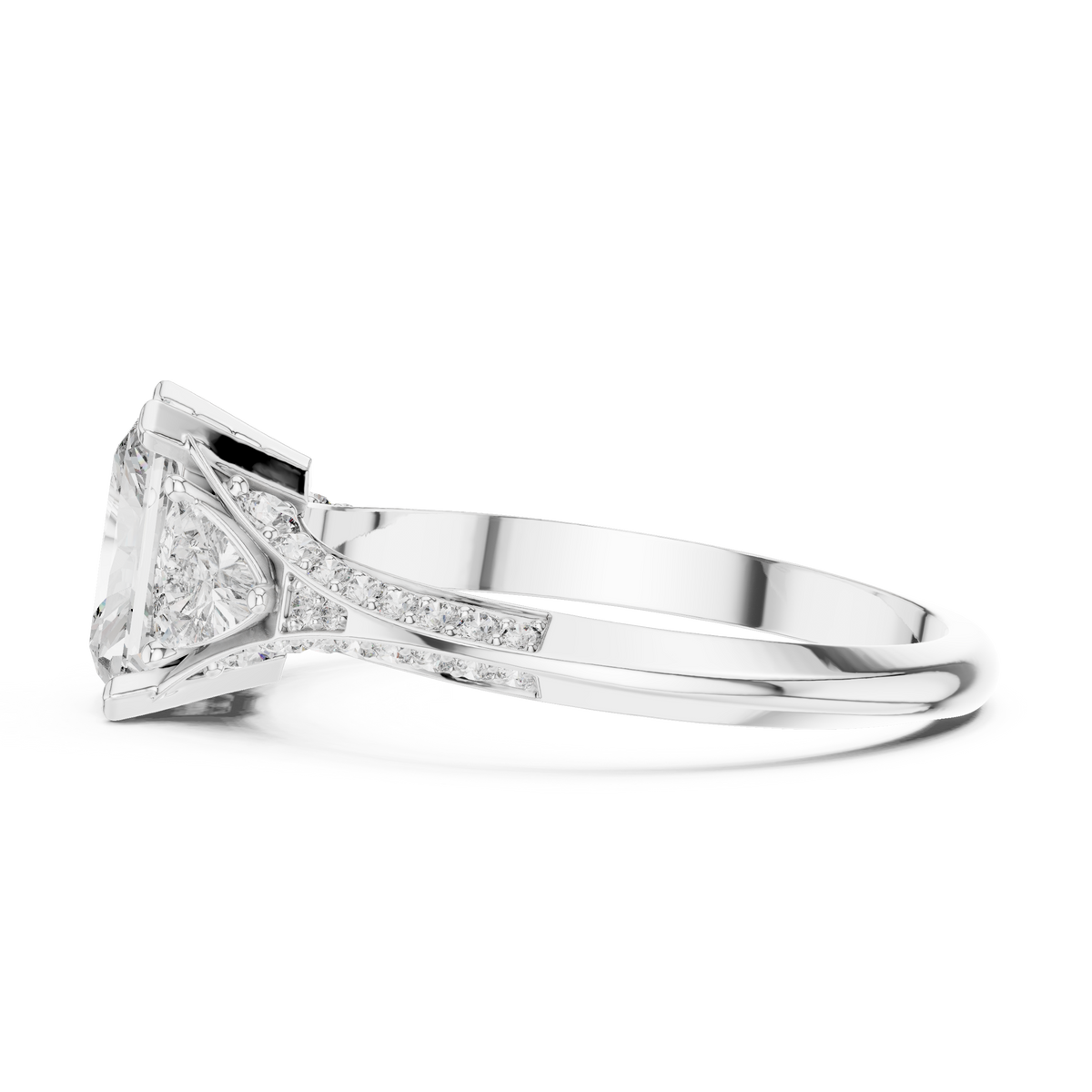 cushion cut engagement ring with trillion side stone