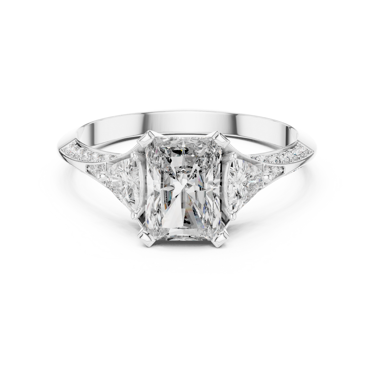 cushion cut engagement ring with trillion side stone
