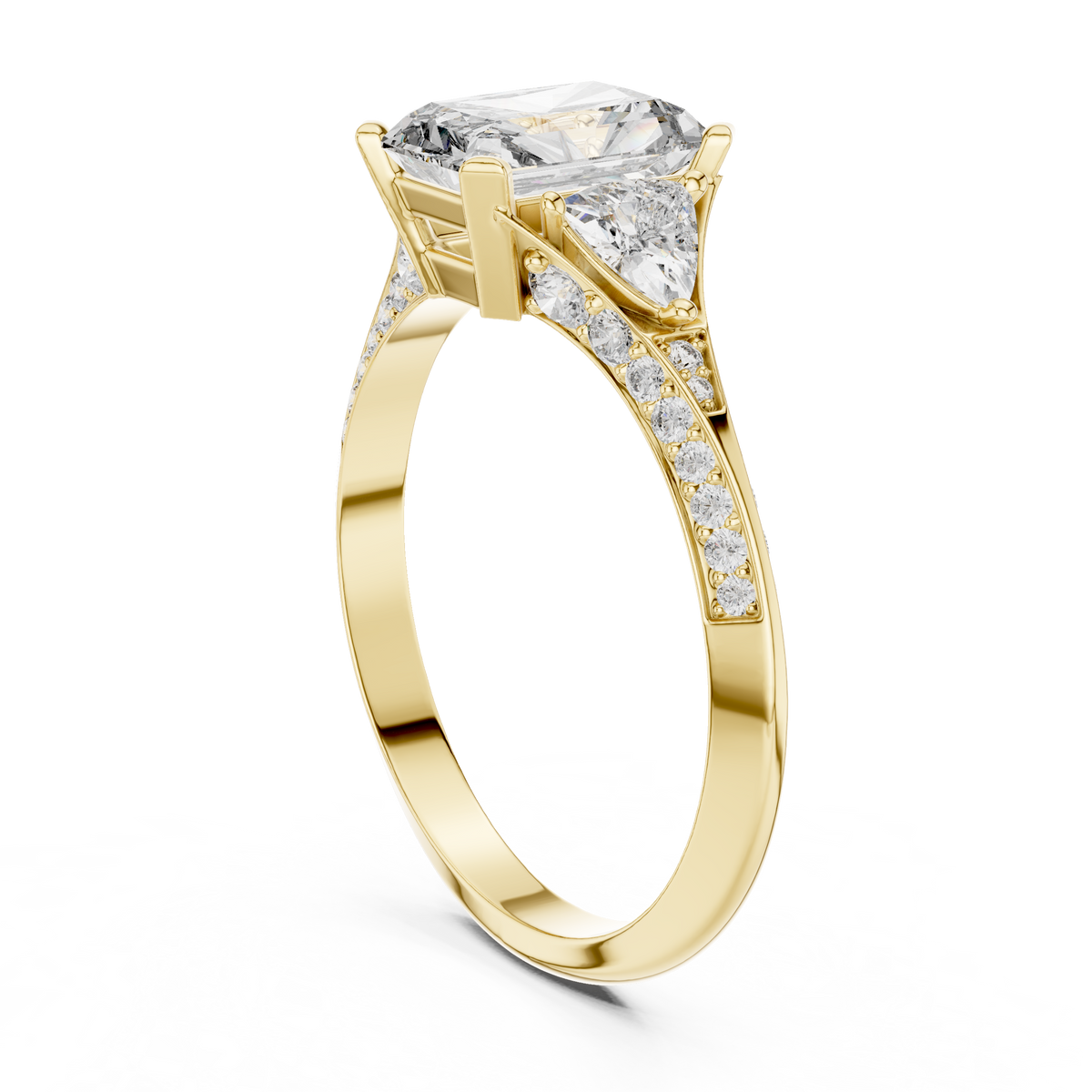 cushion cut engagement ring with trillion side stone