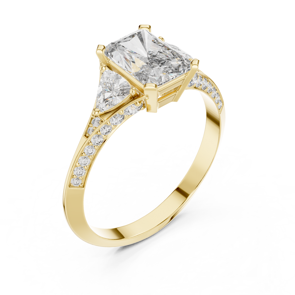 cushion cut engagement ring with trillion side stone