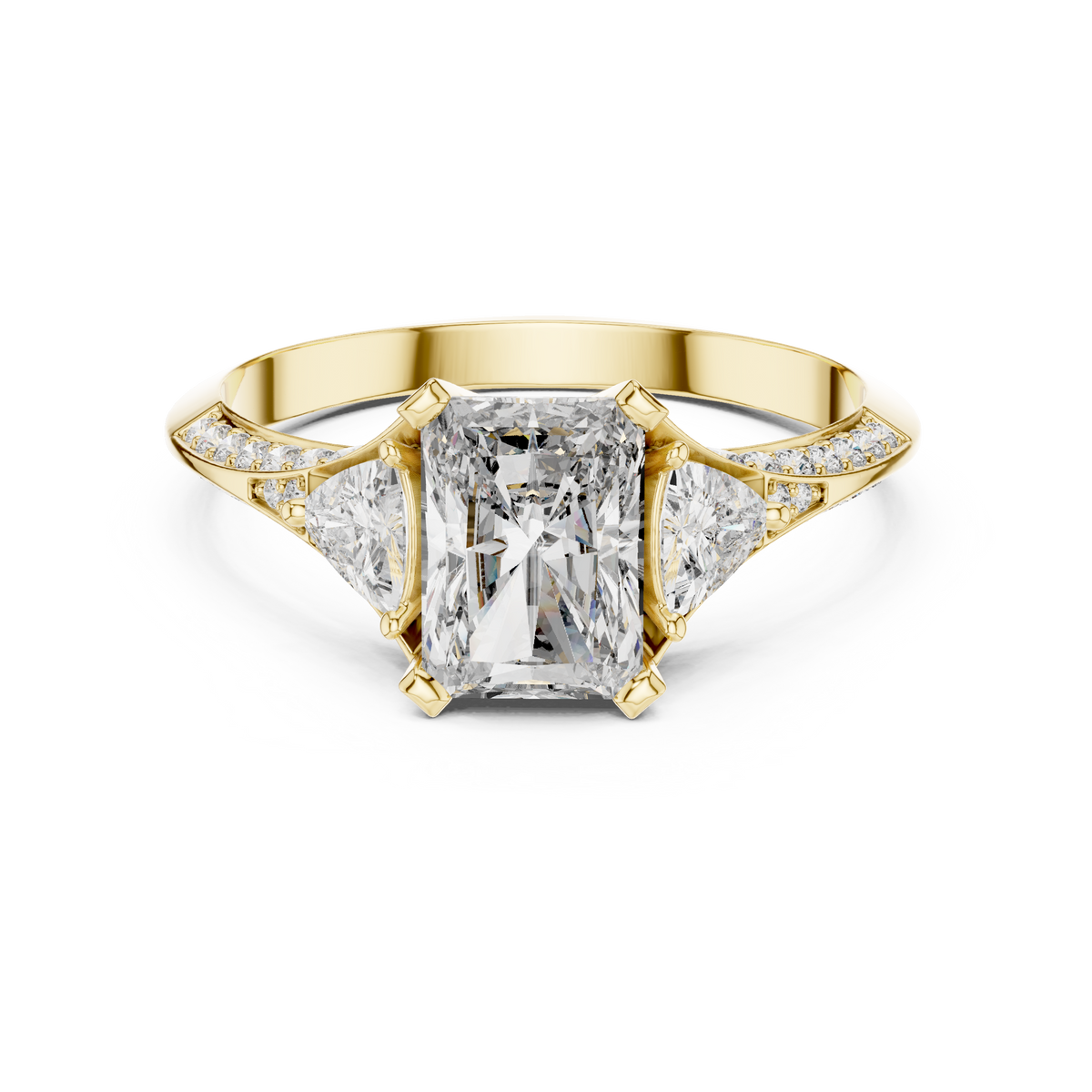 cushion cut engagement ring with trillion side stone