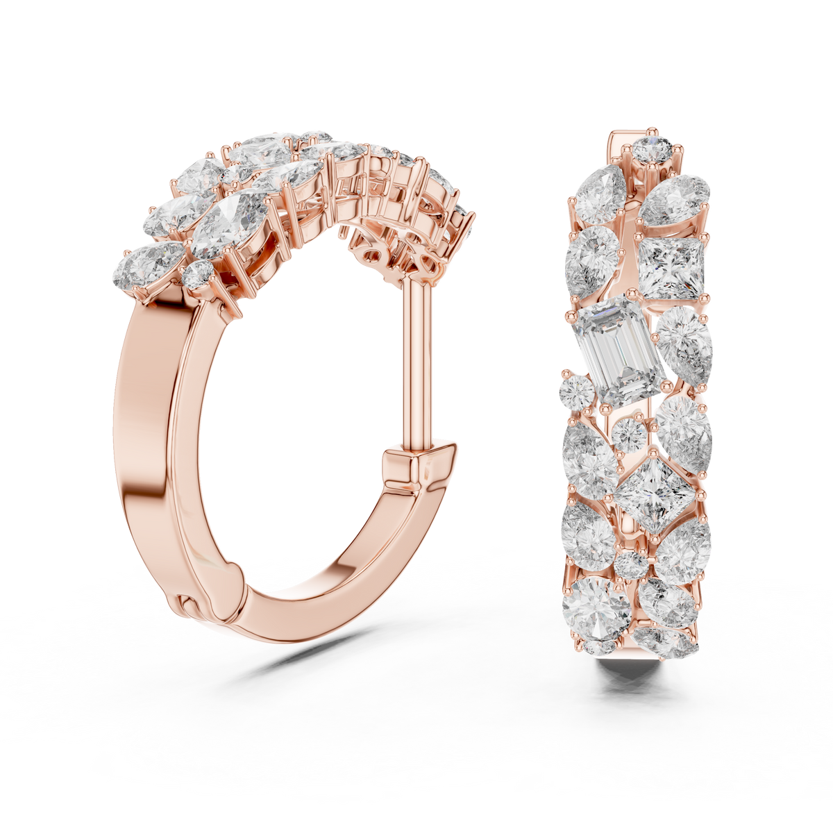 mixed-cut diamond mosaic cluster hoop earrings  pear, marquise, princess, and round brilliant diamonds