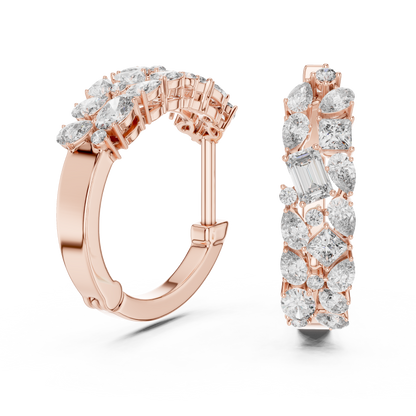 mixed-cut diamond mosaic cluster hoop earrings  pear, marquise, princess, and round brilliant diamonds