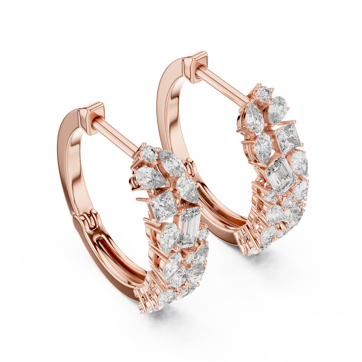 mixed-cut diamond mosaic cluster hoop earrings  pear, marquise, princess, and round brilliant diamonds