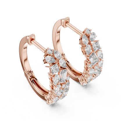 mixed-cut diamond mosaic cluster hoop earrings  pear, marquise, princess, and round brilliant diamonds