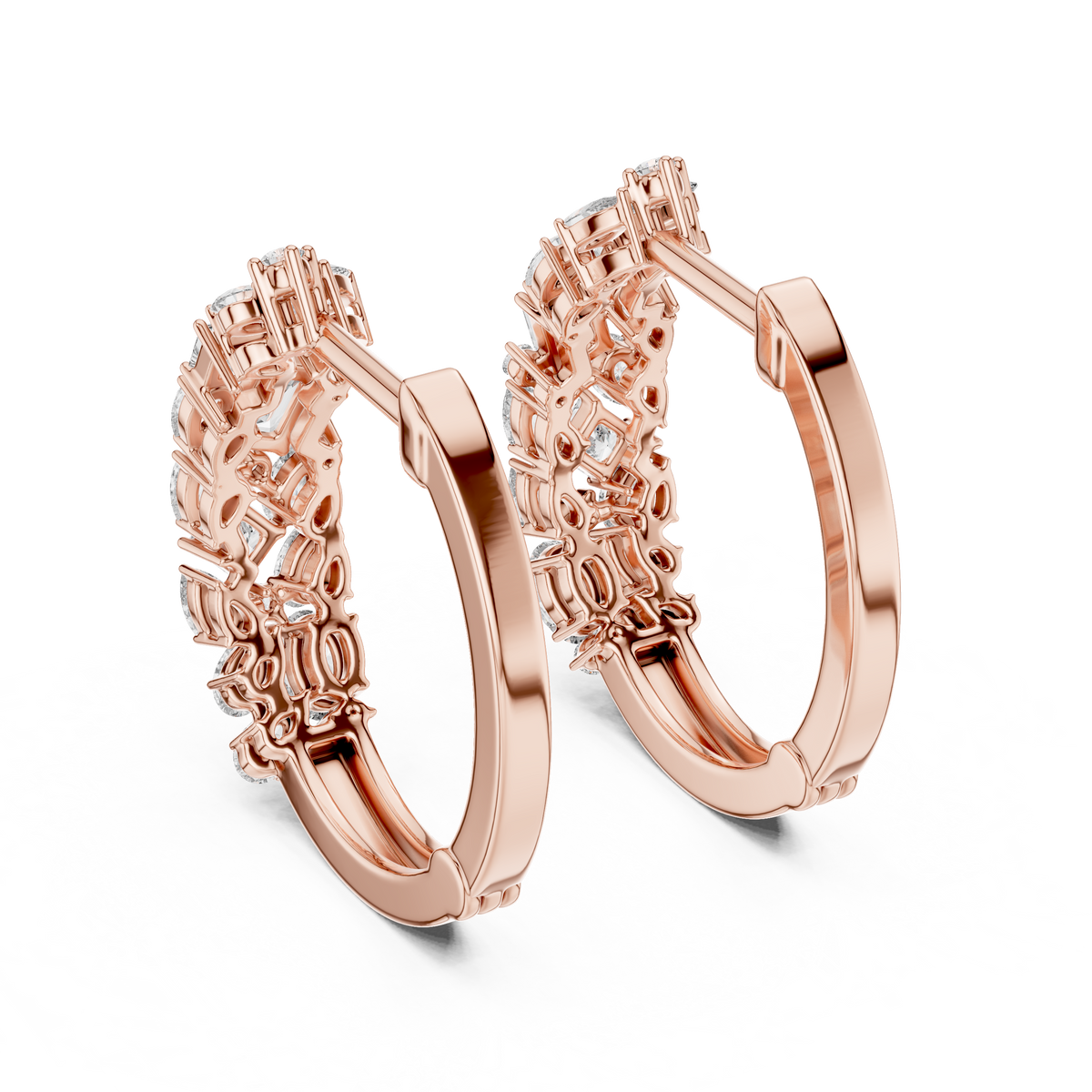 mixed-cut diamond mosaic cluster hoop earrings  pear, marquise, princess, and round brilliant diamonds