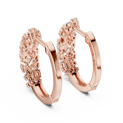 mixed-cut diamond mosaic cluster hoop earrings  pear, marquise, princess, and round brilliant diamonds