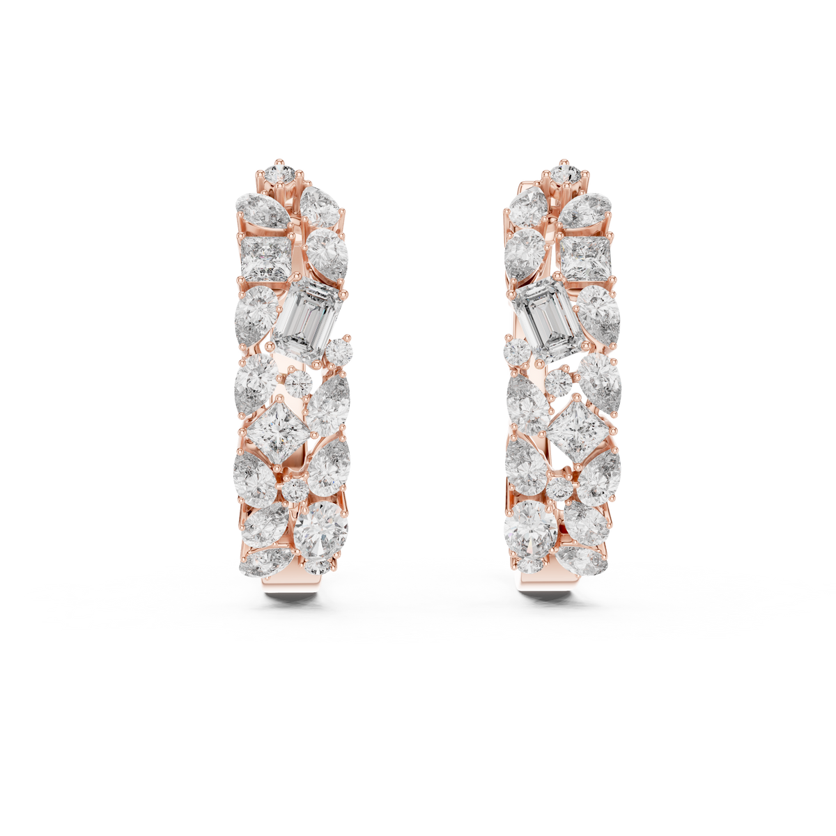 mixed-cut diamond mosaic cluster hoop earrings  pear, marquise, princess, and round brilliant diamonds