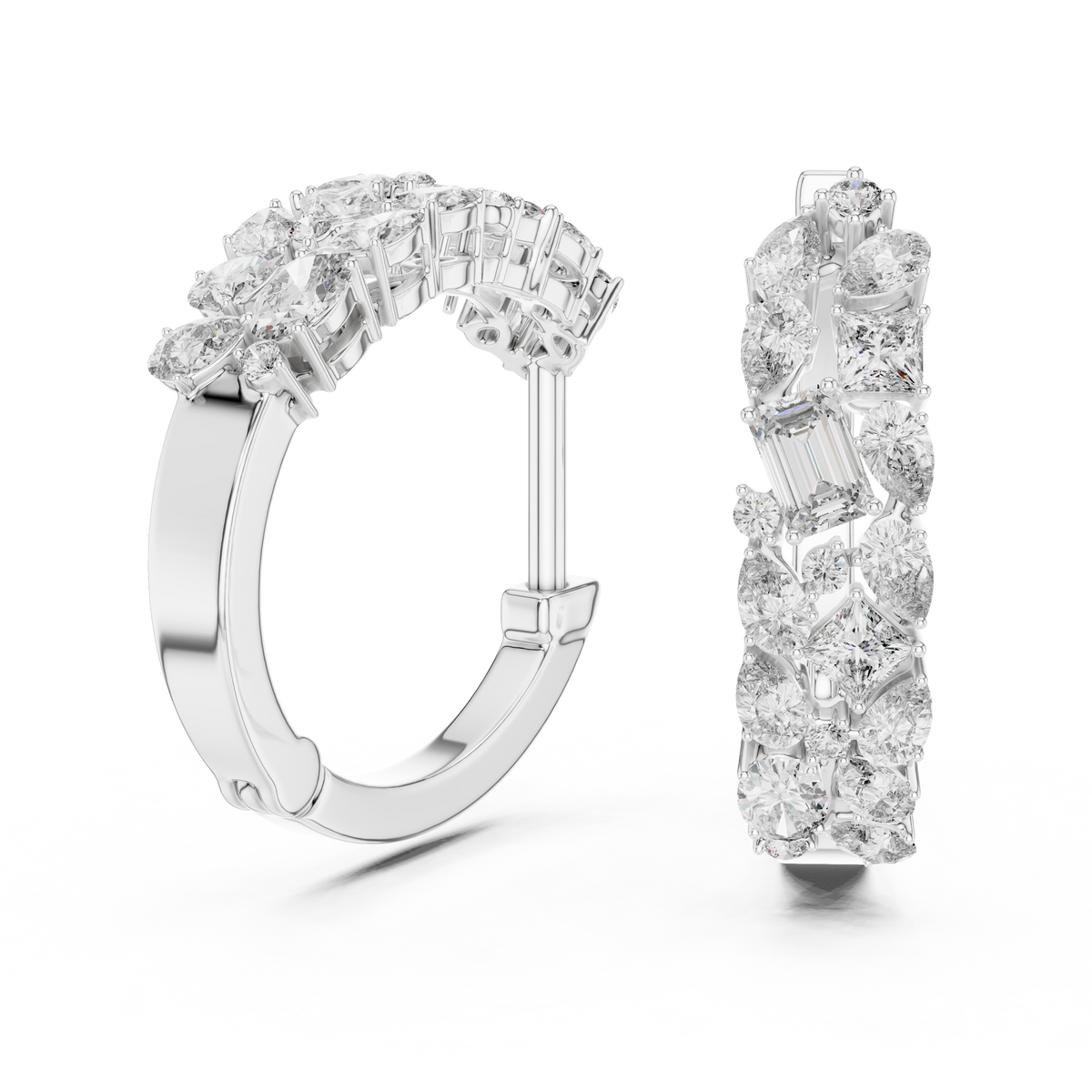 mixed-cut diamond mosaic cluster hoop earrings  pear, marquise, princess, and round brilliant diamonds