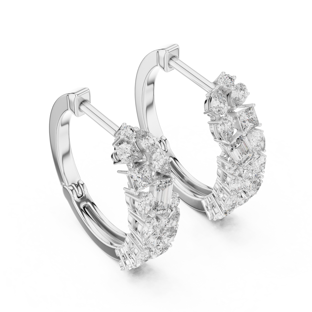 mixed-cut diamond mosaic cluster hoop earrings  pear, marquise, princess, and round brilliant diamonds