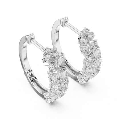 mixed-cut diamond mosaic cluster hoop earrings  pear, marquise, princess, and round brilliant diamonds