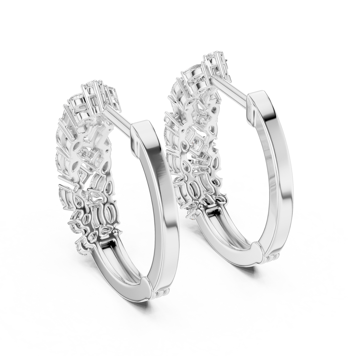 mixed-cut diamond mosaic cluster hoop earrings  pear, marquise, princess, and round brilliant diamonds