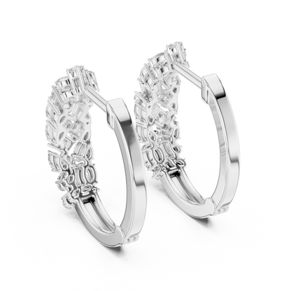 mixed-cut diamond mosaic cluster hoop earrings  pear, marquise, princess, and round brilliant diamonds
