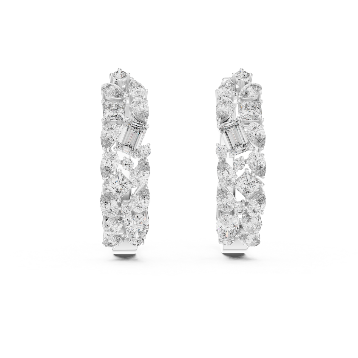 mixed-cut diamond mosaic cluster hoop earrings  pear, marquise, princess, and round brilliant diamonds