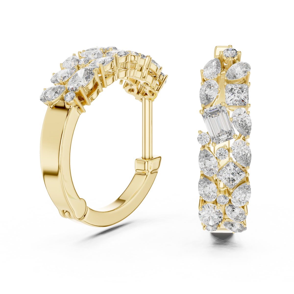 mixed-cut diamond mosaic cluster hoop earrings  pear, marquise, princess, and round brilliant diamonds