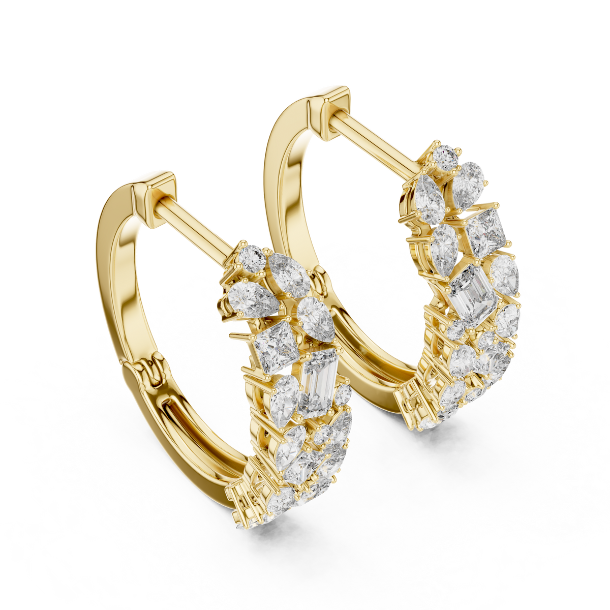 mixed-cut diamond mosaic cluster hoop earrings  pear, marquise, princess, and round brilliant diamonds