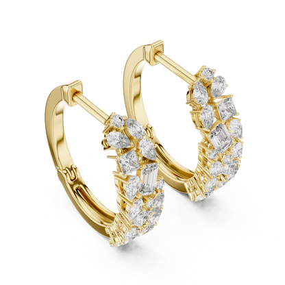 mixed-cut diamond mosaic cluster hoop earrings  pear, marquise, princess, and round brilliant diamonds