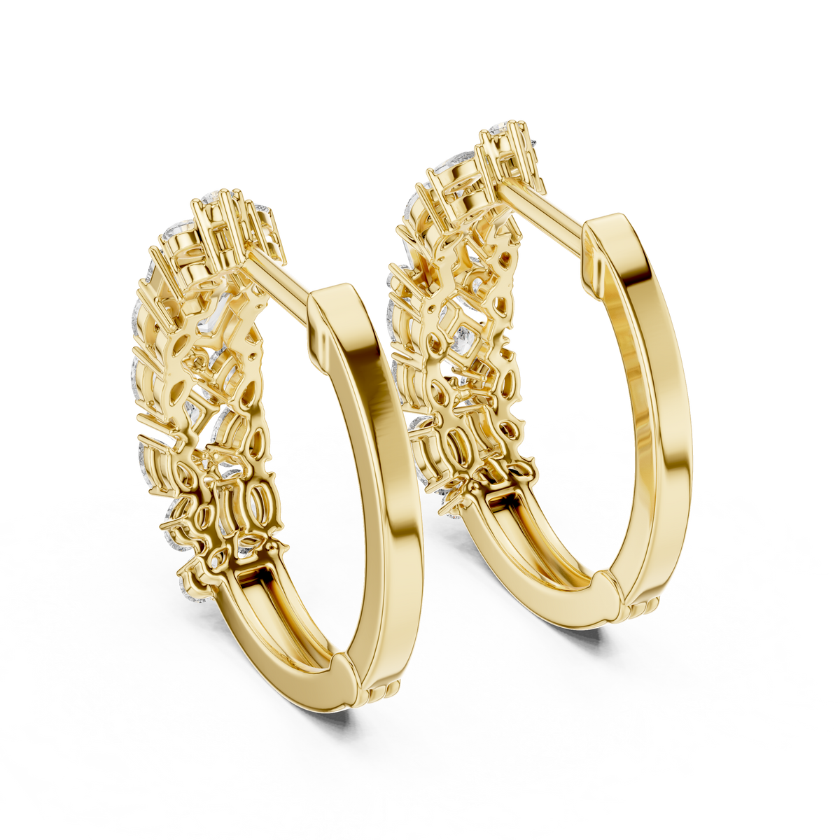 mixed-cut diamond mosaic cluster hoop earrings  pear, marquise, princess, and round brilliant diamonds