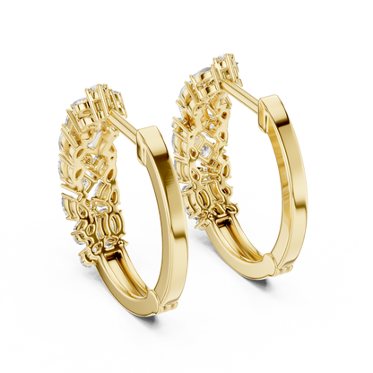 mixed-cut diamond mosaic cluster hoop earrings  pear, marquise, princess, and round brilliant diamonds