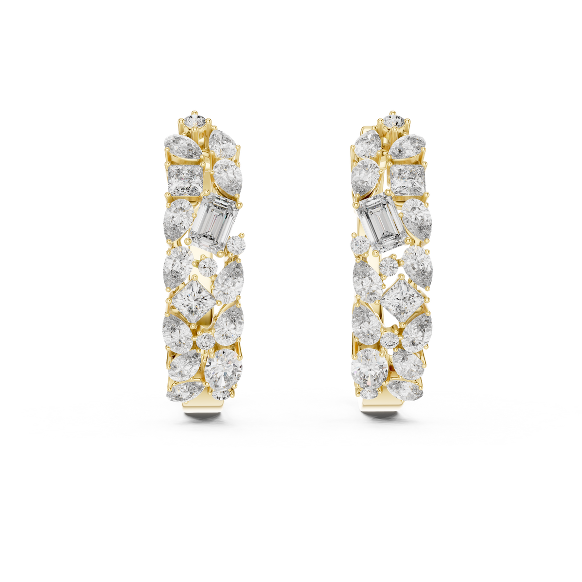mixed-cut diamond mosaic cluster hoop earrings  pear, marquise, princess, and round brilliant diamonds