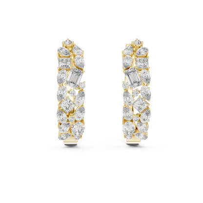 mixed-cut diamond mosaic cluster hoop earrings  pear, marquise, princess, and round brilliant diamonds
