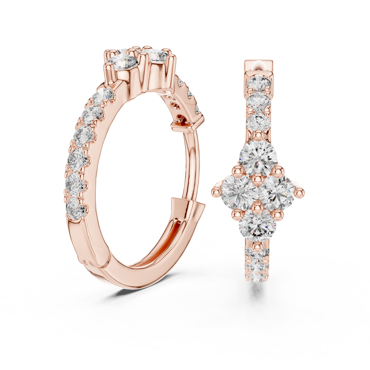 diamond starburst floral cluster huggie hoop earrings 4-stone diamond flower starburst cluster
