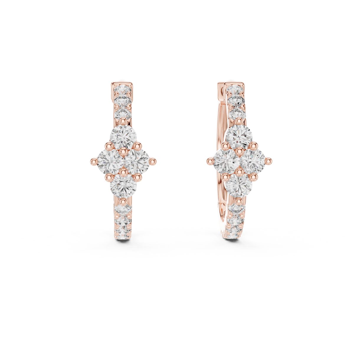 diamond starburst floral cluster huggie hoop earrings 4-stone diamond flower starburst cluster