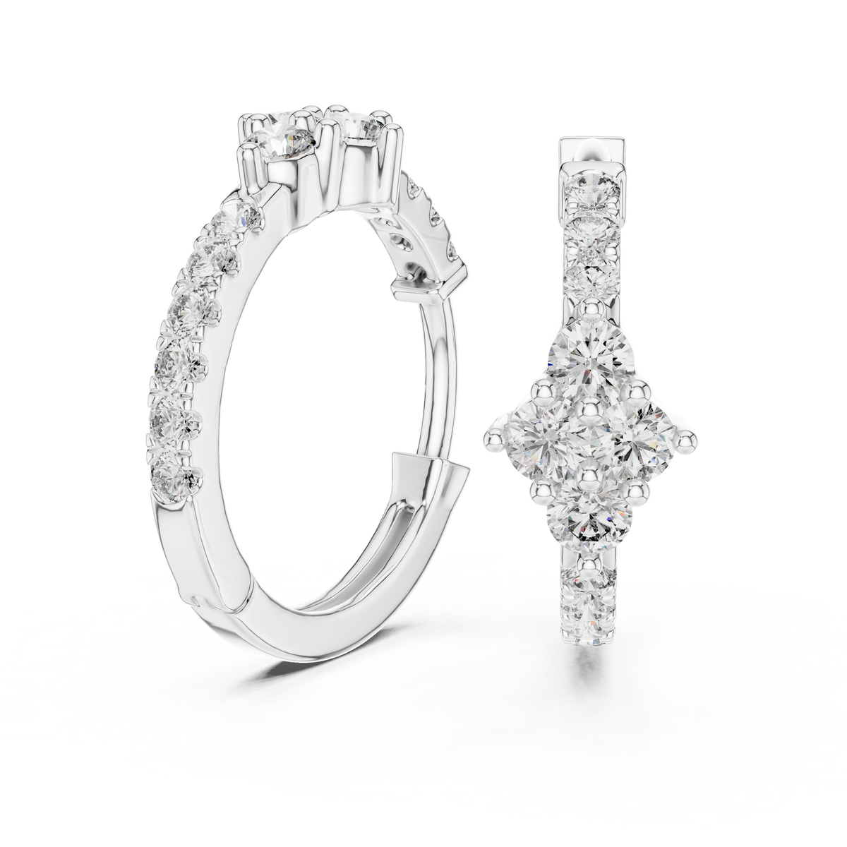diamond starburst floral cluster huggie hoop earrings 4-stone diamond flower starburst cluster
