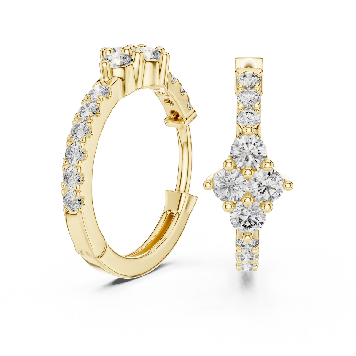 diamond starburst floral cluster huggie hoop earrings 4-stone diamond flower starburst cluster