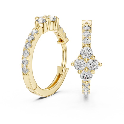 diamond starburst floral cluster huggie hoop earrings 4-stone diamond flower starburst cluster