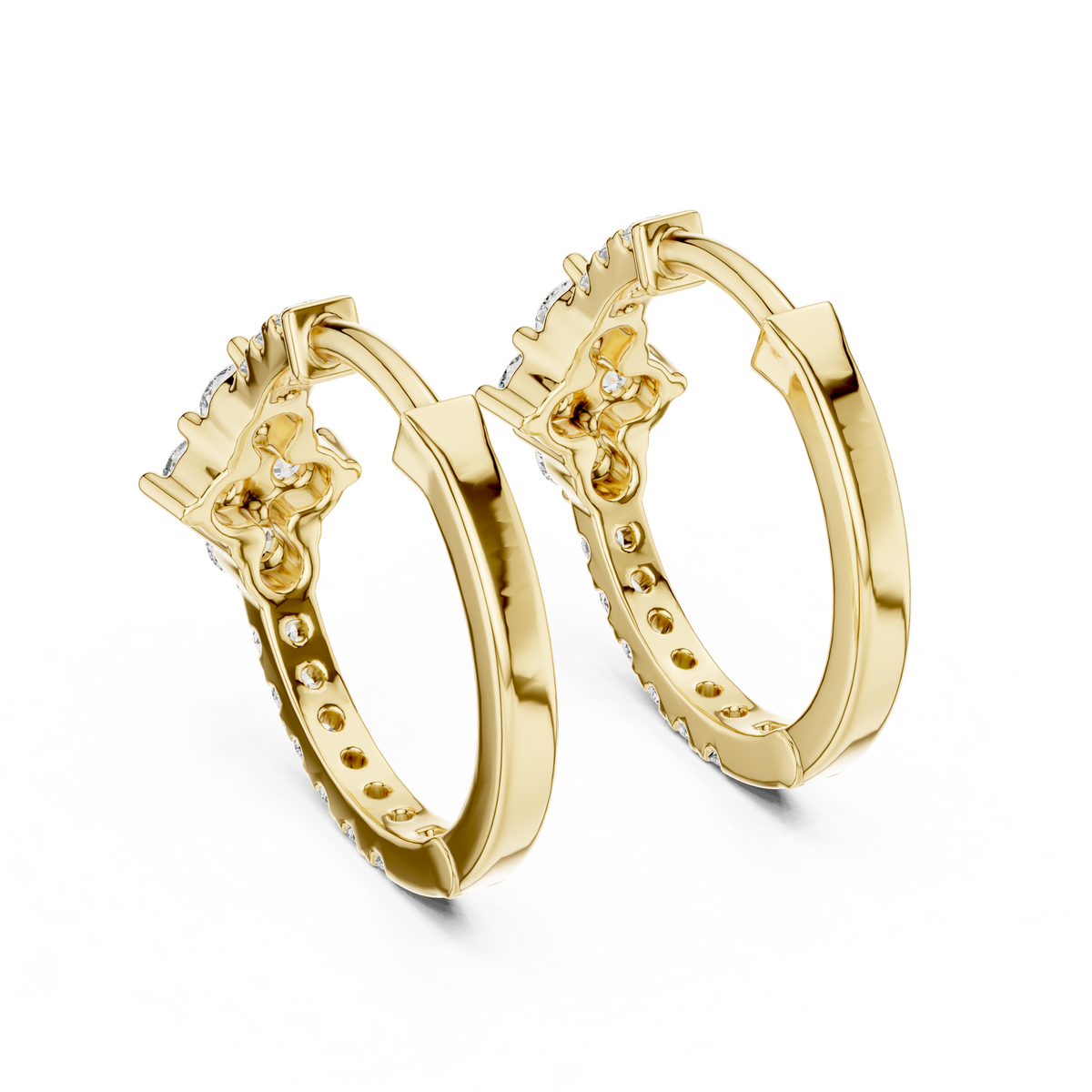 diamond starburst floral cluster huggie hoop earrings 4-stone diamond flower starburst cluster