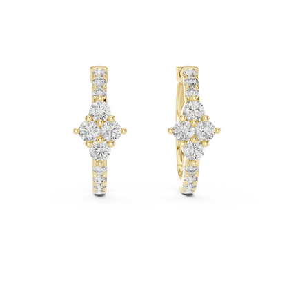 diamond starburst floral cluster huggie hoop earrings 4-stone diamond flower starburst cluster