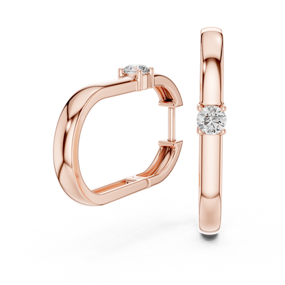 square geometric diamond solitaire huggie hoop earrings  rectangular or square profile. A single round brilliant-cut solitaire diamond