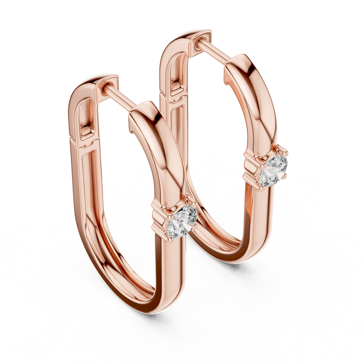 square geometric diamond solitaire huggie hoop earrings  rectangular or square profile. a single round brilliant-cut solitaire diamond