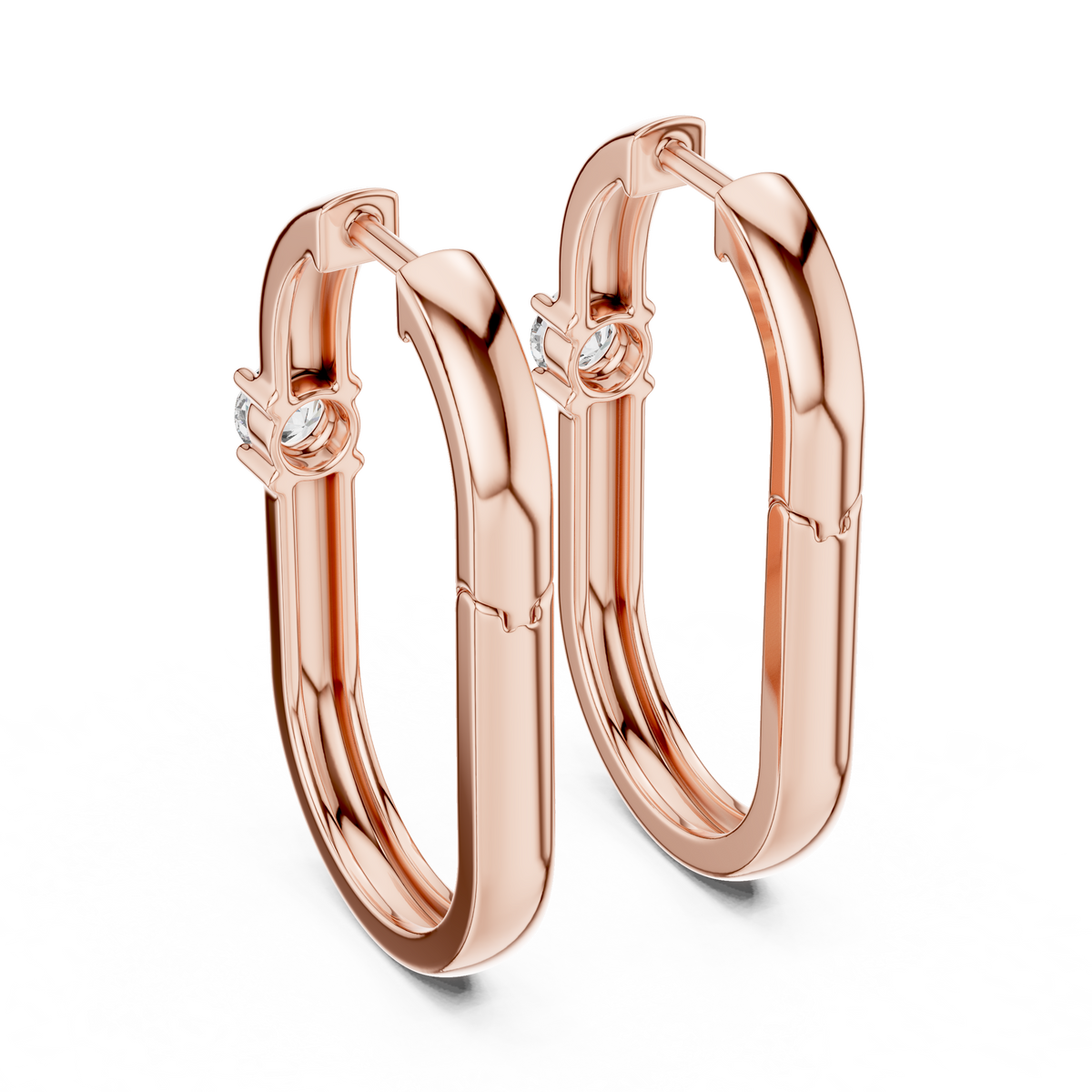 square geometric diamond solitaire huggie hoop earrings  rectangular or square profile. a single round brilliant-cut solitaire diamond