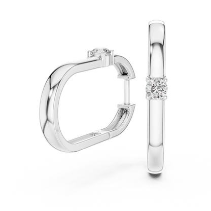 square geometric diamond solitaire huggie hoop earrings  rectangular or square profile. A single round brilliant-cut solitaire diamond