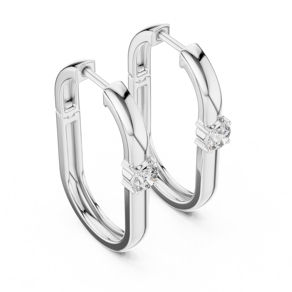 square geometric diamond solitaire huggie hoop earrings  rectangular or square profile. a single round brilliant-cut solitaire diamond
