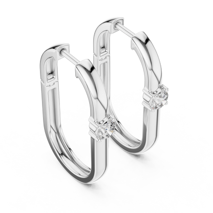 square geometric diamond solitaire huggie hoop earrings  rectangular or square profile. A single round brilliant-cut solitaire diamond