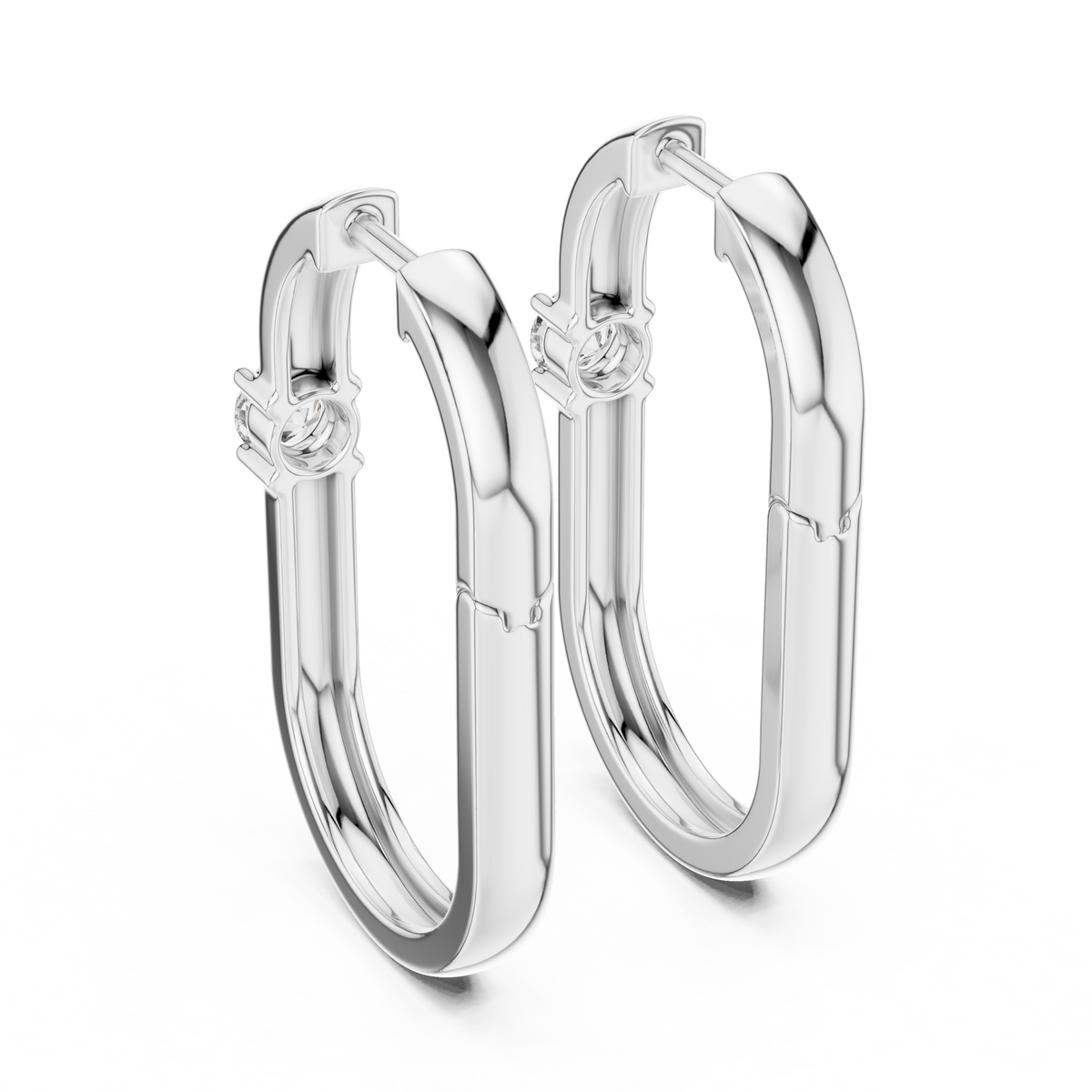 square geometric diamond solitaire huggie hoop earrings  rectangular or square profile. a single round brilliant-cut solitaire diamond