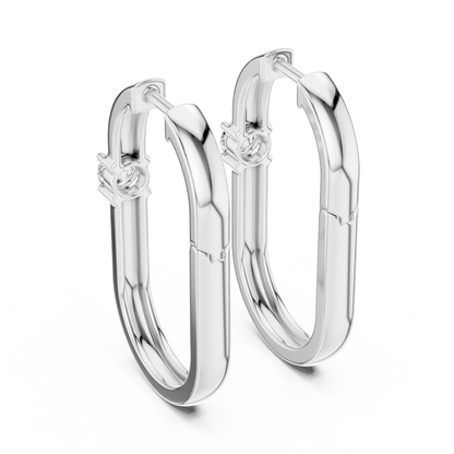 square geometric diamond solitaire huggie hoop earrings  rectangular or square profile. A single round brilliant-cut solitaire diamond