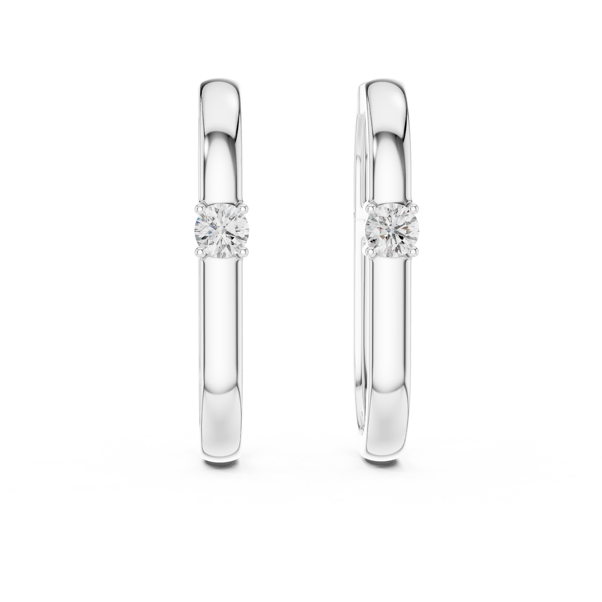square geometric diamond solitaire huggie hoop earrings  rectangular or square profile. a single round brilliant-cut solitaire diamond