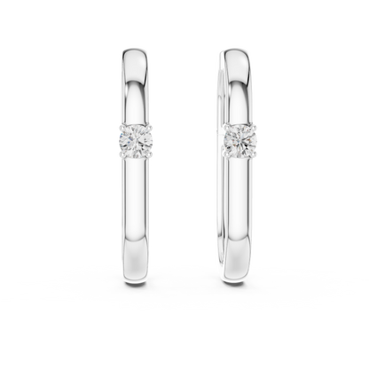 square geometric diamond solitaire huggie hoop earrings  rectangular or square profile. A single round brilliant-cut solitaire diamond