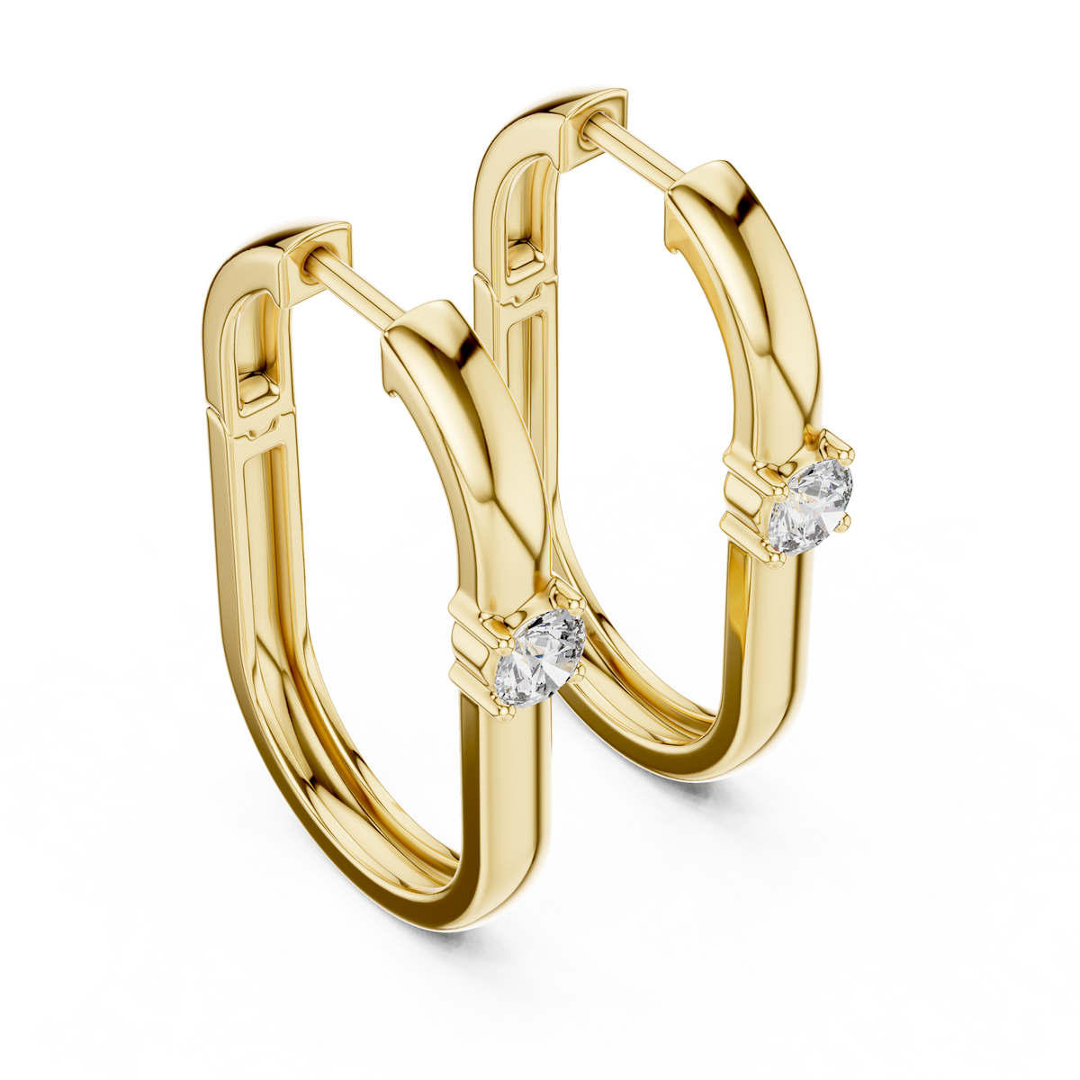 square geometric diamond solitaire huggie hoop earrings  rectangular or square profile. a single round brilliant-cut solitaire diamond