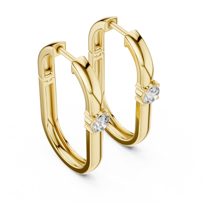 square geometric diamond solitaire huggie hoop earrings  rectangular or square profile. A single round brilliant-cut solitaire diamond